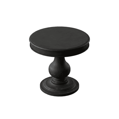 A small, round accent table featuring a dark, distressed finish and a single turned pedestal base. The tabletop is circular with a subtle rim, and the base consists of a baluster-like turned support leading to a broad, round foot. The overall aesthetic is rustic or traditional. — 3D model (AI enhanced source)