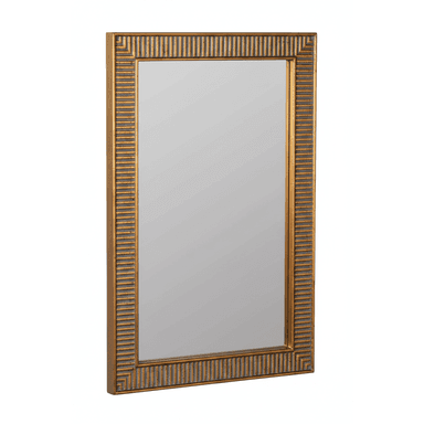 A rectangular wall mirror with a prominent gold-finished frame. The frame features a distinct geometric pattern, characterized by horizontal and vertical grooved lines that create a stepped, Art Deco-inspired design. The gold finish appears somewhat distressed or antiqued, with darker undertones accentuating the grooves. The mirror itself is clear and reflects light without distortion. The overall aesthetic suggests a decorative piece suitable for various interior styles. — 3D model (AI enhanced source)