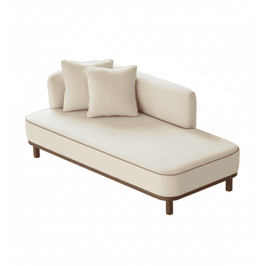 A modern cream bouclé upholstered chaise lounge with a single armrest and backrest, featuring contrasting piping and a dark wood base frame with cylindrical legs. Two matching throw pillows are included. — 3D model (AI enhanced source)