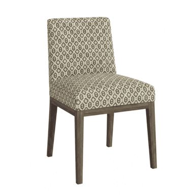 An armless dining chair featuring a fully upholstered seat and backrest with a repeating geometric pattern in light beige and olive-green tones. The chair is supported by four straight, tapered wooden legs in a medium-dark brown finish. — 3D model (AI enhanced source)