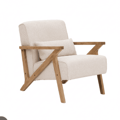 An upholstered armchair with a visible light-toned wooden frame. It features clean lines, a low profile, and is upholstered in a cream-colored, textured boucle fabric, accompanied by a matching lumbar pillow. — 3D model (AI enhanced source)