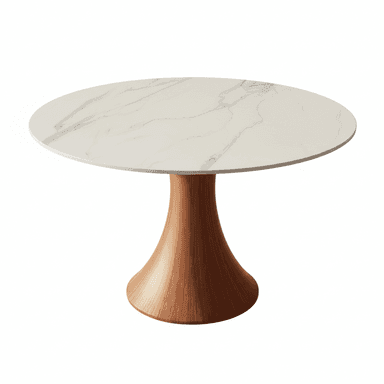 A modern round dining table featuring a white tabletop with grey veining, designed to resemble marble. The tabletop rests upon a single, tapered pedestal base made of wood with a warm brown finish. The base gracefully widens towards the bottom for enhanced stability, contributing to the table's sleek and minimalist silhouette. The item is presented against a plain white background, highlighting its design. — 3D model (AI enhanced source)