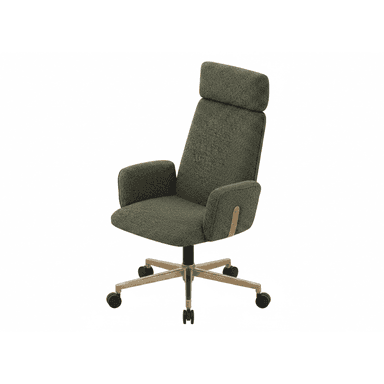 A high-back office chair upholstered in green textured fabric, featuring padded armrests and a gold-finished five-star swivel base with casters. — 3D model (AI enhanced source)