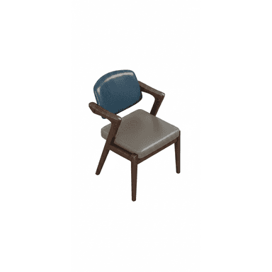 An armchair with a mid-century modern aesthetic, featuring a dark stained wooden frame and two-tone upholstery. The seat cushion is upholstered in a light grey material, while the curved backrest is upholstered in a contrasting teal or blue material. The wooden armrests are integrated into the frame, which consists of splayed legs and a clean, angular design. — 3D model (AI enhanced source)