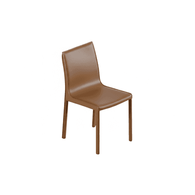 A contemporary armless dining chair featuring a sleek, fully upholstered design in a light brown leather-like material. The chair has a gently curved backrest and four slender, straight legs covered in the same material. — 3D model (AI enhanced source)