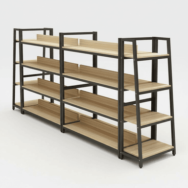 A multi-bay shelving unit featuring a dark, possibly black, metal frame and light wood-grain finished shelves. The unit consists of at least two connected bays, each with four tiers of shelves. Some shelves include a short vertical back panel or lip, suggesting a design intended for organization or display to prevent items from falling off. The overall aesthetic is clean and industrial-contemporary. — 3D model (AI enhanced source)