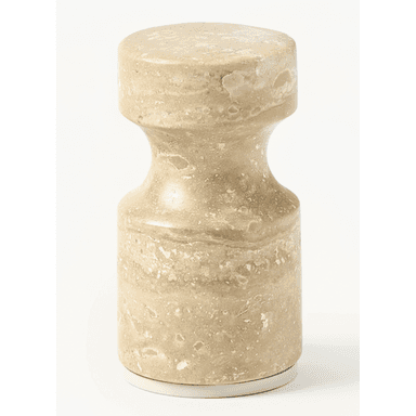 A cylindrical table made from natural travertine, featuring a central hourglass-like constriction. The stone has a beige color with natural patterns and porous textures. It sits on a thin white base. — 3D model (AI enhanced source)