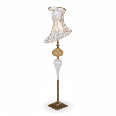 A tall, ornate floor lamp featuring a distressed brass finish base and stem, supporting a multi-part body composed of sculpted glass elements in amber and white, topped with an asymmetric, flared fabric shade patterned with delicate branch-like motifs. The lamp has a vintage, decorative aesthetic. — 3D model (AI enhanced source)