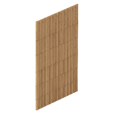A vertical panel constructed from numerous individual bamboo poles, arranged closely together and connected horizontally. The poles are natural light brown, varying slightly in tone, forming a solid, tall barrier with an organic, textured appearance. — 3D model (AI enhanced source)