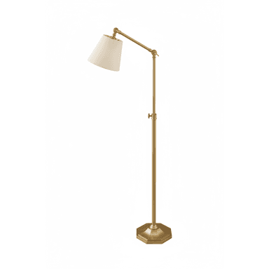 An adjustable floor lamp made of polished brass with a cream-colored fabric shade. The lamp features an octagonal base, a slender column with a height adjustment mechanism, and an articulated arm supporting the shade. The shade is a classic tapered drum shape, and the overall finish is a gleaming brass. — 3D model (AI enhanced source)