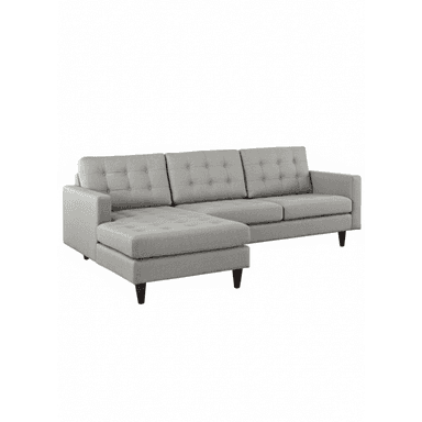 A light gray upholstered sectional sofa featuring a left-hand facing chaise lounge, button-tufted back cushions, and dark tapered wooden legs. — 3D model (AI enhanced source)