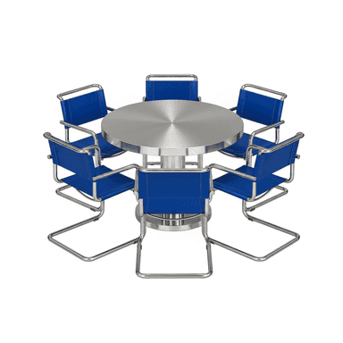 A complete dining set featuring a modern round dining table with a brushed metal finish, paired with six matching cantilever dining chairs. The chairs have tubular metal frames and blue sling-style seats and backs, creating a cohesive and contemporary aesthetic. — 3D model (AI enhanced source)