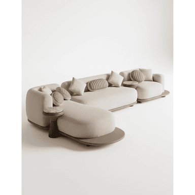 A large, modern, and organically curved sectional sofa upholstered in light beige boucle fabric, featuring a low-profile design and integrated circular side tables with marble tops and sculpted wooden bases. The sofa includes matching accent pillows, some with channel tufting. — 3D model (AI enhanced source)