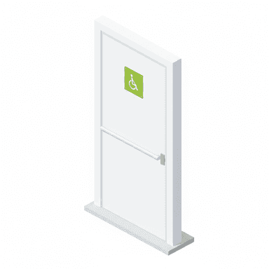 A 3D render of a simple white door featuring a silver horizontal push bar and a green square sign with the international symbol of access for persons with disabilities, presented in an isometric view against a plain white background. — 3D model (AI enhanced source)