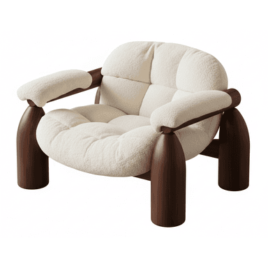 A sculptural lounge chair with a chunky dark wooden frame and plush cream-colored bouclé upholstery. The chair features rounded armrests and prominent, conical legs. The seat and backrest are deeply cushioned and appear to have a subtle tufted or segmented design. — 3D model (AI enhanced source)