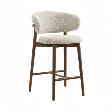 A modern upholstered bar stool featuring a sturdy dark brown wooden frame, a gently curved upholstered backrest, and a matching upholstered seat. The legs are tapered, and a square footrest is integrated into the lower frame for comfort. The upholstery is a light, textured fabric in an off-white or light beige hue. — 3D model (AI enhanced source)