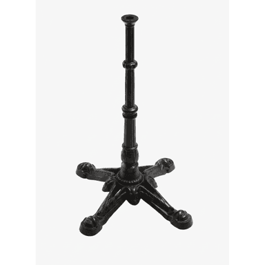 An ornate cast iron table base designed for a bistro or cafe table. It features a central fluted column with decorative rings, resting on a four-legged star-shaped base. Each leg is intricately scrolled and culminates in a paw-like foot. The base is finished in a dark, likely black, color, giving it a classic and robust appearance. The top of the column includes a flat plate with pre-drilled holes for attaching a tabletop. — 3D model (AI enhanced source)