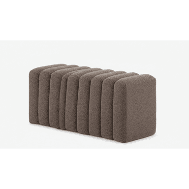 A contemporary, rectangular bench featuring a distinctive vertically fluted or ribbed design, fully upholstered in a textured brown fabric. The design is minimalist with rounded edges, suggesting a modern aesthetic. — 3D model (AI enhanced source)