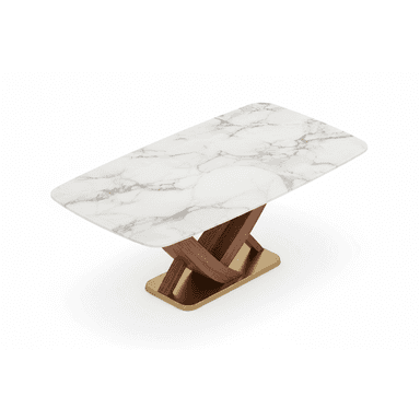A contemporary dining table featuring a rectangular white marble top with subtle grey veining, set upon a sculptural base made of angled walnut wood elements, all resting on a polished brass plinth. — 3D model (AI enhanced source)