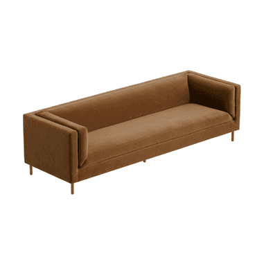 A modern, three-seater sofa with track arms and thin metal legs, upholstered in a brown velvet-like fabric. — 3D model (AI enhanced source)
