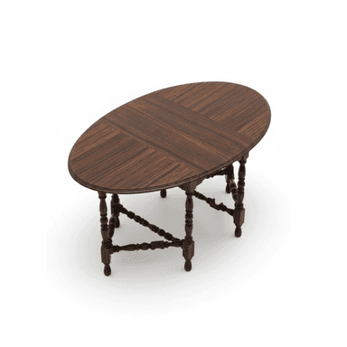 A traditional dark-stained wood drop-leaf gateleg table with an oval top. The base features turned baluster-style legs connected by elaborately turned and blocked H-stretchers. The leaves are hinged, allowing the table to be expanded or condensed. — 3D model (AI enhanced source)