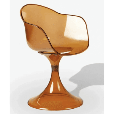 A contemporary chair featuring a single-piece, ergonomically contoured seat shell made from translucent amber-colored plastic. The shell is integrated with a flared pedestal base, also in translucent amber, which suggests a swivel function. The design is fluid and sculptural, embodying a modern aesthetic. — 3D model (AI enhanced source)