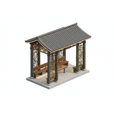 An outdoor pavilion rendered in an isometric view, featuring a distinct East Asian architectural style. It has a curved, dark gray tiled roof, supported by dark metal pillars. Integrated wooden slat benches are present on two sides, accompanied by a small central side table. The side panels between the pillars are adorned with intricate, ornate metalwork, partially covered by decorative vines. Subtle lighting strips are integrated under the eaves of the roof and beneath the benches. — 3D model (AI enhanced source)