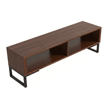 A long, low-profile media console featuring a dark brown wood-look finish and two open storage compartments. It is supported by black, U-shaped metal legs at each end, contributing to its modern industrial aesthetic. The design is simple, functional, and features clean lines. — 3D model (AI enhanced source)