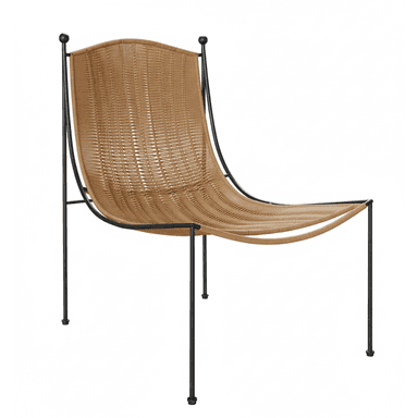 A contemporary lounge chair featuring a minimalist black tubular metal frame and a wide, intricately woven tan synthetic rope or cord forming the seat and backrest. The chair exhibits a relaxed, low-slung profile with an ergonomically curved seating surface for comfort. The design is open and airy, with four slender legs providing stability. The black frame contrasts with the lighter-toned weaving, creating a modern aesthetic. — 3D model (AI enhanced source)