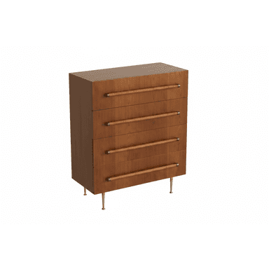 A Mid-Century Modern four-drawer chest with a warm wooden finish, rattan-wrapped brass pulls, and tapered brass legs. — 3D model (AI enhanced source)