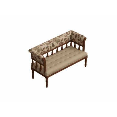 A traditional-style upholstered settee or bench featuring a dark wooden frame, a tufted cream-colored seat cushion, and armrests and backrest upholstered in a floral fabric pattern with green, red, and cream hues. The frame has turned legs and spindle details along the backrest and decorative nailhead trim. — 3D model (AI enhanced source)