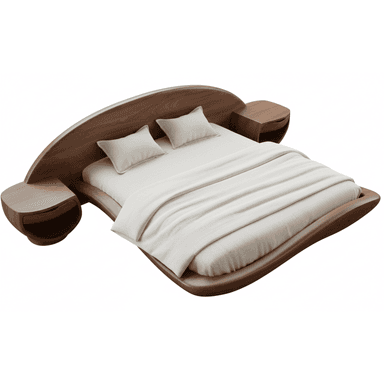 A contemporary platform bed featuring a low-profile design and an organic aesthetic. The bed frame is constructed from dark-stained wood, likely walnut, with smoothly curved edges and a fluid, sculptural form. It includes an integrated, broadly arched headboard that seamlessly merges with two attached floating nightstands on either side. The bed is adorned with light-colored, textured bedding and two small throw pillows, complementing the dark wood finish. — 3D model (AI enhanced source)