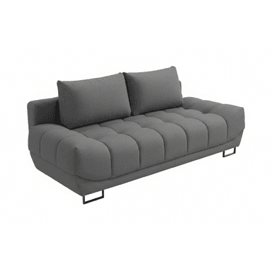 A contemporary gray fabric sofa featuring a distinctive tufted design on its seat and backrest, creating a segmented, plush appearance. The sofa is supported by minimalist black metal U-shaped legs, giving it a low-profile and modern aesthetic. Two loose back cushions provide additional comfort, contrasting with the fixed, sculpted seat base. — 3D model (AI enhanced source)
