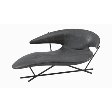 An avant-garde chaise lounge with a striking, organic form. It features a dark, textured upholstery and is supported by a minimalist, geometric metal base. The design is asymmetrical and sculptural, suggesting a modern or contemporary aesthetic. — 3D model (AI enhanced source)