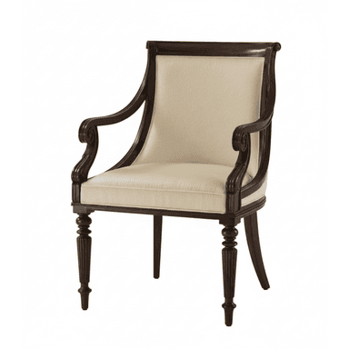 A traditional style armchair featuring a dark wood frame with scrolled arms and light-colored upholstered seat and back. The front legs are turned and fluted. — 3D model (AI enhanced source)