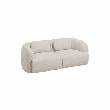 A contemporary two-seater sofa upholstered in a light-colored, textured bouclé fabric, featuring a soft, rounded silhouette with integrated curved armrests and two loose back cushions. — 3D model (AI enhanced source)