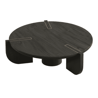 A contemporary round coffee table featuring a dark, possibly ebony-stained wood finish with visible grain. The tabletop is circular and incorporates four thin, rectangular brass inlays arranged symmetrically around the center. The base consists of multiple thick, architectural legs that combine curved and straight elements, providing stable support and contributing to the table's modern aesthetic. — 3D model (AI enhanced source)