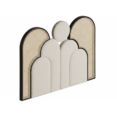 A contemporary headboard with an Art Deco-inspired design, featuring a dark wood frame, light cane rattan panels, and cream boucle upholstered sections arranged in a geometric, scalloped pattern. — 3D model (AI enhanced source)