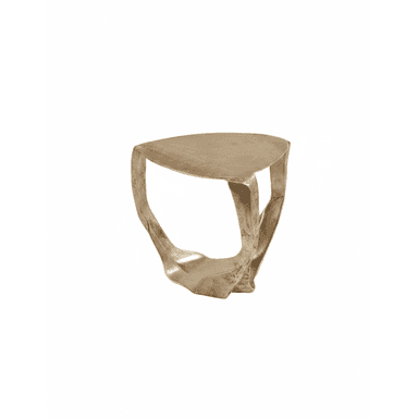 A sculptural accent table crafted from brass with an organic, fluid form. The table features a rounded triangular top and a base composed of three sinuous, interconnected legs that converge towards the ground, creating a dynamic and artistic silhouette. The brass exhibits an antiqued or distressed finish, enhancing its visual texture and depth. — 3D model (AI enhanced source)