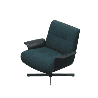 A contemporary lounge armchair featuring a two-tone upholstery design. The main seating areas and backrest are covered in a dark teal textured fabric, while the integrated armrests and the outer shell of the backrest are upholstered in black faux leather or leather. The backrest shows subtle horizontal tufting. The chair is supported by a sleek, black four-star metal swivel base. — 3D model (AI enhanced source)