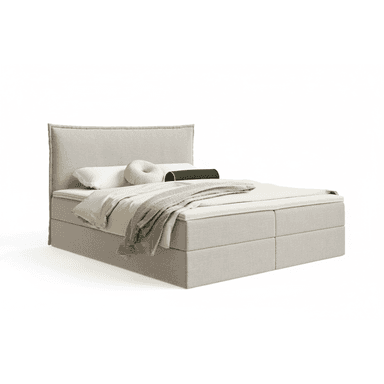 A light grey upholstered platform bed featuring an integrated rectangular headboard and a two-part base supporting a mattress and bedding. The design is contemporary and minimalist. — 3D model (AI enhanced source)