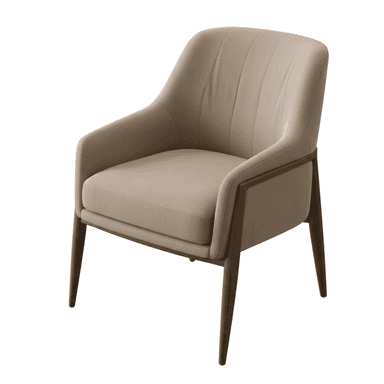 A modern upholstered accent armchair featuring a minimalist design. The chair has a comfortable, well-padded seat, backrest, and arms, all covered in a smooth, light beige or taupe fabric. The backrest is subtly adorned with vertical stitching, adding a refined detail. A dark wood frame is exposed along the outer edges of the arms and forms the sturdy, tapered legs, providing a contemporary contrast to the upholstery. — 3D model (AI enhanced source)