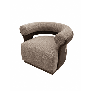 A modern barrel-back armchair featuring a rounded, enveloping form. The main body is upholstered in a textured, light brown or beige fabric, complemented by smooth, dark brown leather or faux leather accents on the outer back and sides. The chair rests on a recessed, dark brown base, suggesting a low profile. — 3D model (AI enhanced source)