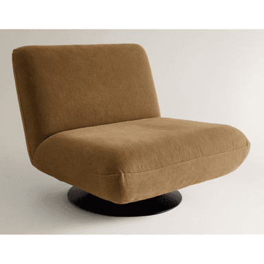 A contemporary armless lounge chair, fully upholstered in a textured brown fabric, resting on a flat, round black metal swivel base. The backrest is low and slightly reclined, seamlessly transitioning into the seat cushion. — 3D model (AI enhanced source)