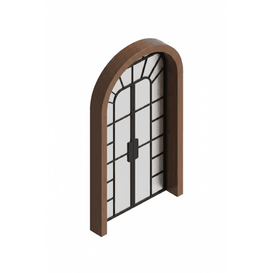 An arched wooden door with a black metal frame and glass panels. The door features a prominent arch at the top and two vertical handles. — 3D model (AI enhanced source)