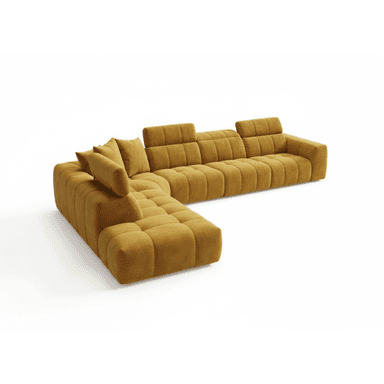 A large, modular sectional sofa with an L-shaped configuration, upholstered in a rich mustard yellow fabric. The design features deep channel tufting across all cushions, backrests, and armrests, creating a plush and contemporary aesthetic. It includes integrated backrests with additional loose cushions at the corner. — 3D model (AI enhanced source)