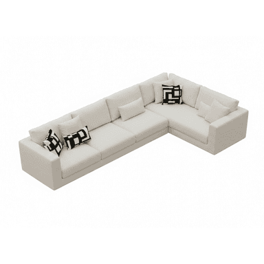 An L-shaped sectional sofa featuring a modern, minimalist design. It is upholstered in a light-colored, textured fabric, likely an off-white or light beige. The sofa comprises multiple modular units forming a right-hand facing L-configuration, with wide, square armrests and backrests. It includes several loose seat cushions and back cushions, along with additional throw pillows, some of which feature a contrasting black and white geometric pattern. — 3D model (AI enhanced source)