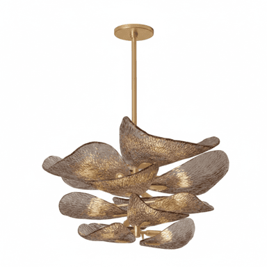 A multi-tiered chandelier with a central brass-colored stem and canopy. The chandelier features multiple layers of petal-like diffusers made of textured, translucent material in a warm, amber-brown hue. The diffusers are arranged in a staggered, organic pattern, giving the impression of a blooming flower or cascading leaves. Each diffuser is illuminated from within, casting a warm glow. — 3D model (AI enhanced source)