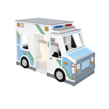 A children's bed designed as a realistic ambulance vehicle, featuring a white, blue, and green exterior with grey accents, simulated wheels, and emergency lights. The structure includes an open-back sleeping area and a distinct front cab with cut-out windows. — 3D model (AI enhanced source)