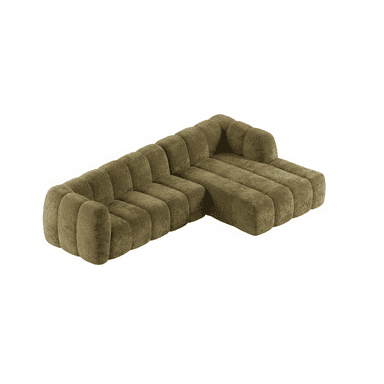 An L-shaped sectional sofa featuring prominent vertical channel tufting across all surfaces, including the backrest, seat cushions, and integrated armrests. The sofa is upholstered in a textured olive green fabric, giving it a plush and inviting appearance. It has a low profile with soft, rounded edges throughout its design, and includes a chaise lounge extension on one end, indicating a modern or contemporary aesthetic. — 3D model (AI enhanced source)
